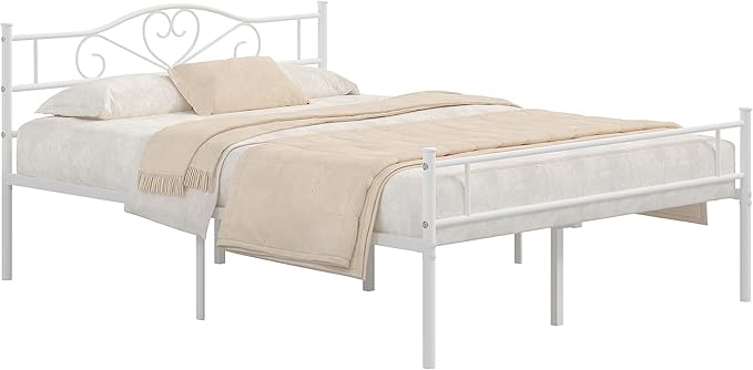 VECELO 14 Inch Full Size Metal Platform Bed Frame with Headboard and Footboard, Heavy Duty Mattress Foundation with Steel Slats Support, No Box Spring Needed, White
