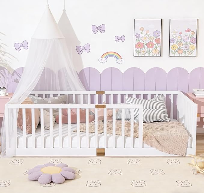Bellemave Twin Size Montessori Floor Bed with 21.5" High Rails, Rubber Wood Twin Floor Bed with Slats, White