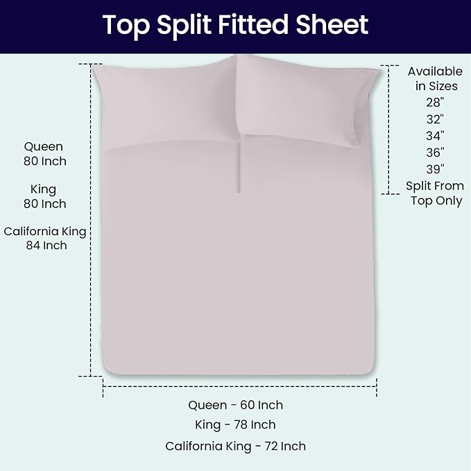 SGI bedding 34" King Split Top Flex Head Sheet 100% Egyptian Cotton Sheet Set 1000 Thread Count Flex Top Sheet for Adjustable Bed 4Pc Sheet Set 15" Deep Pocket for Sleep Number Bed - Silver