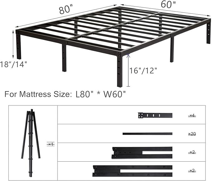 Wulanos Queen Size Bed Frame 18 inch Tall, 3500lbs Heavy Duty Metal Platform with Steel Slats Support, No Box Spring Needed, 18-inch Bedframe with Ample Storage, Sturdy and Noise-Free, Black