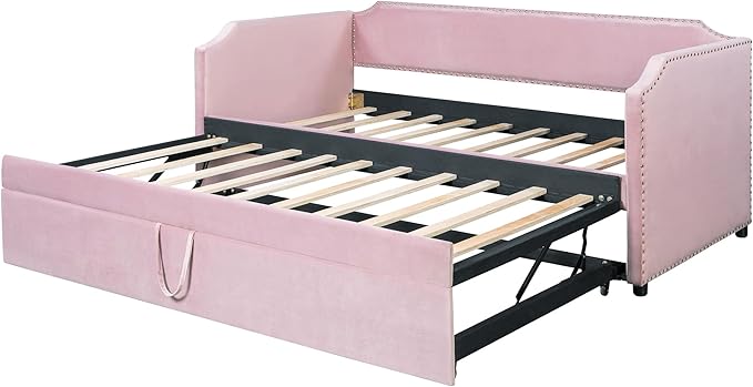 Merax Multifunctional Upholstered Extending Daybed with Trundle Twin to King, Velvet Sofa Bed with Wood Slats, No Box Spring Needed Pink