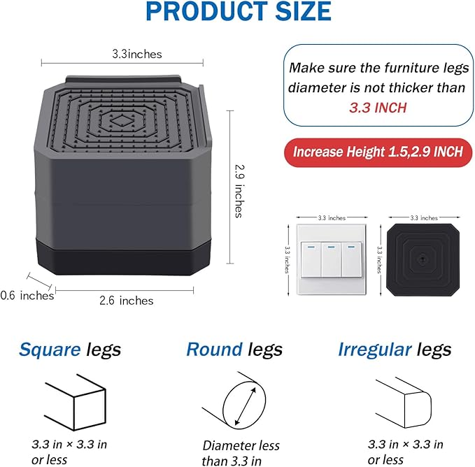 ANNKUT Bed Risers and Furniture Risers, Heavy Duty Adjustable Lifting Blocks for Couches, Desks, and Chairs, Elevates 1.5 or 3 Inches, Holds up to 4000 lbs (Grey)