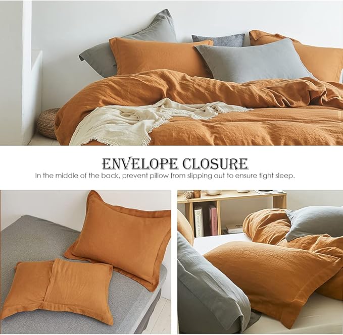 Simple&Opulence 100% Linen Duvet Cover Set 3pcs Basic Style Natural French Washed Flax Solid Color Soft Breathable Farmhouse Bedding with Button Closure - Rust, Full
