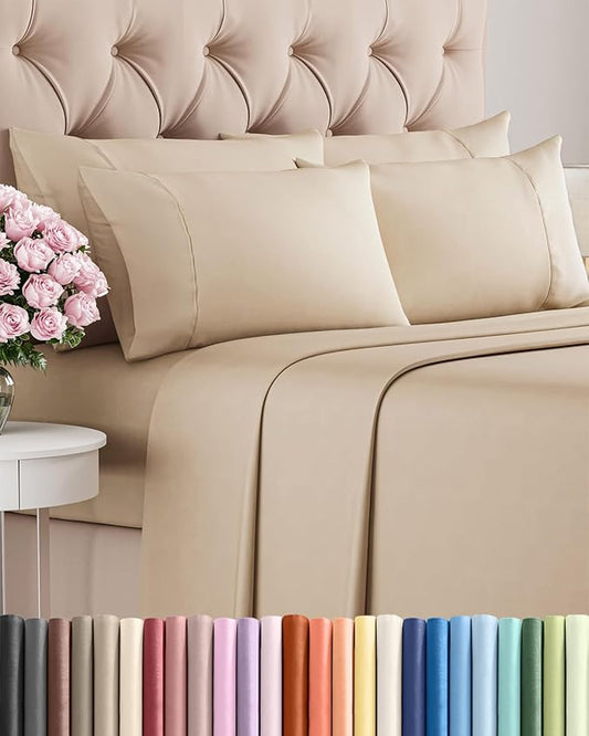 Full 6 Piece Sheet Set - Comfy, Breathable & Cooling - Soft Hotel Luxury Bedding for Women, Men, Kids, Teens & Children - 1 Flat & 1 Fitted Sheet & 4 Pillowcases w/ Deep Pockets - Wrinkle Free - Cream