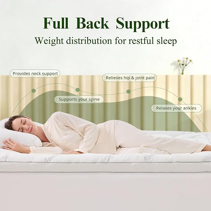 Memory Foam Mattress Topper - Viscose Made from Bamboo Pillow Top Thick Queen Size Mattress Pad for Back Pain, Ultra Soft & Cooling for Hot Sleepers, 6-18'' Deep Pocket, White