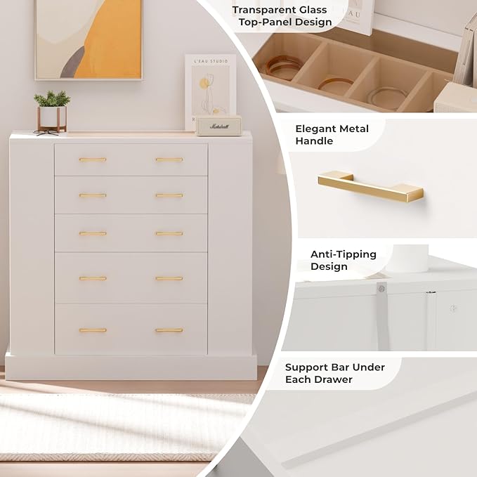 Closet Island with Glass Top, LED Lights and Jewelry Display, Bedroom Island with Open Shelves, Drawers Dresser & Walk-in Closet Island for Bedroom, Cloakroom, White 2