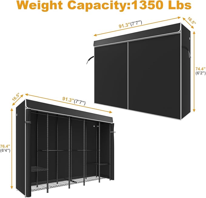 ULIFHOME H50C Extra Large Clothes Rack with Cover, Freestanding Portable Closet, Covered Clothing Racks for Hanging Clothes, Heavy Duty Garment Rack, Wardrobe Closet with Black Cover Max Load 1350 Lbs