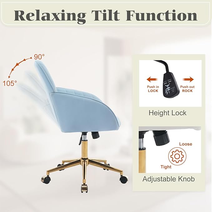 Velvet Vanity Chair with Wheels, Height Adjustable Swivel Makeup Chair, Armless Small Desk Chair for Bedroom/Office/Vanity Table, 250 lbs Capacity (Velvet, Blue-2)