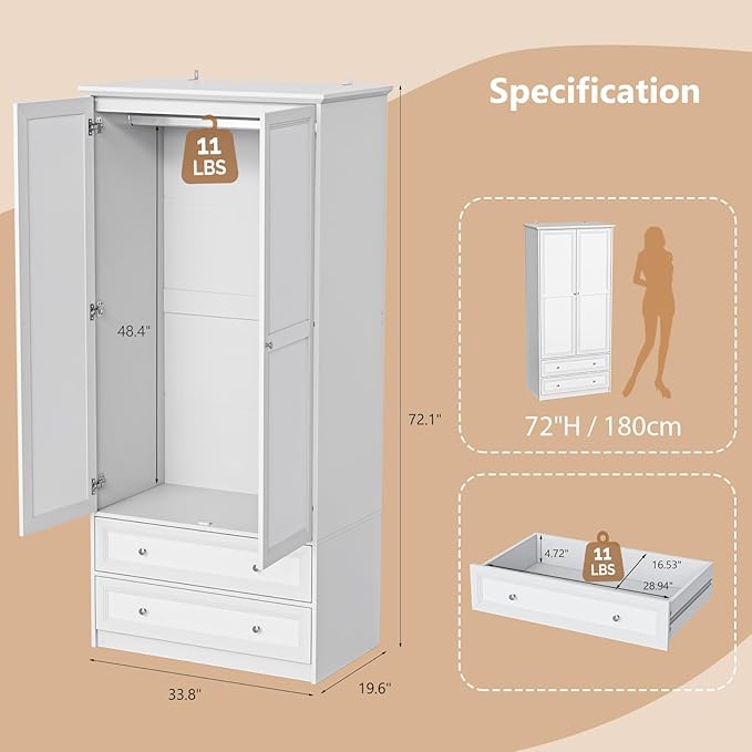 VINGLI Wardrobe Closet with 2 Doors and 2 Drawers, 72" H Wardrobe Cabinet Closet, Freestanding Clothing Storage Cabinet, Wooden White Bedroom Armoire, Combination for Hanging Clothes