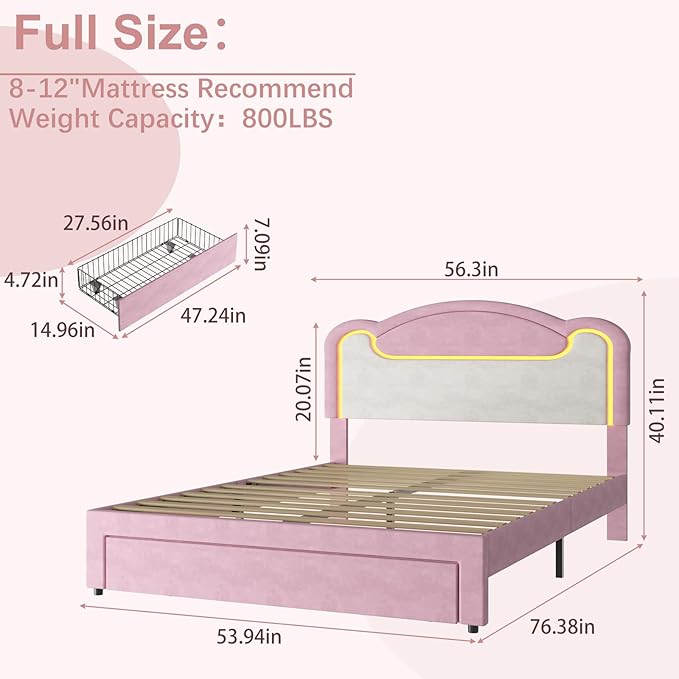 Garvee Full Size Upholstered Bed Frame with LED Lights & Storage Drawers, Fabric Headboard & Wood Slats, No Box Spring Needed, Princess Bed for Girls (Pink White)