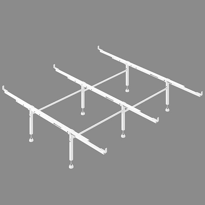 Bed Frame Support System - 3 Cross Rails and 6 Adjustable Legs,Universal Strong Center Support Beams for Full, Queen and King Metal/Wood/Upholstered Bed-White