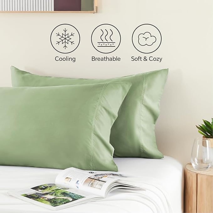 BEDELITE King Size Pillow Cases Set of 2, Rayon Derived from Bamboo, Cooling Pillow Cases for Hot Sleepers & Night Sweats, Breathable and Silky Soft Envelope Pillowcases(Sage Green, 20"x36")