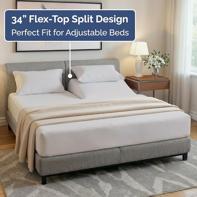 Flex Top Split Head King 4 Piece Sheet Set - Ultra-Soft, Breathable & Cooling Bed Sheets Set - Hotel Luxury Bedding for Women & Men with Deep Pockets - Wrinkle and Fade Free - Oeko-Tex - Light Grey