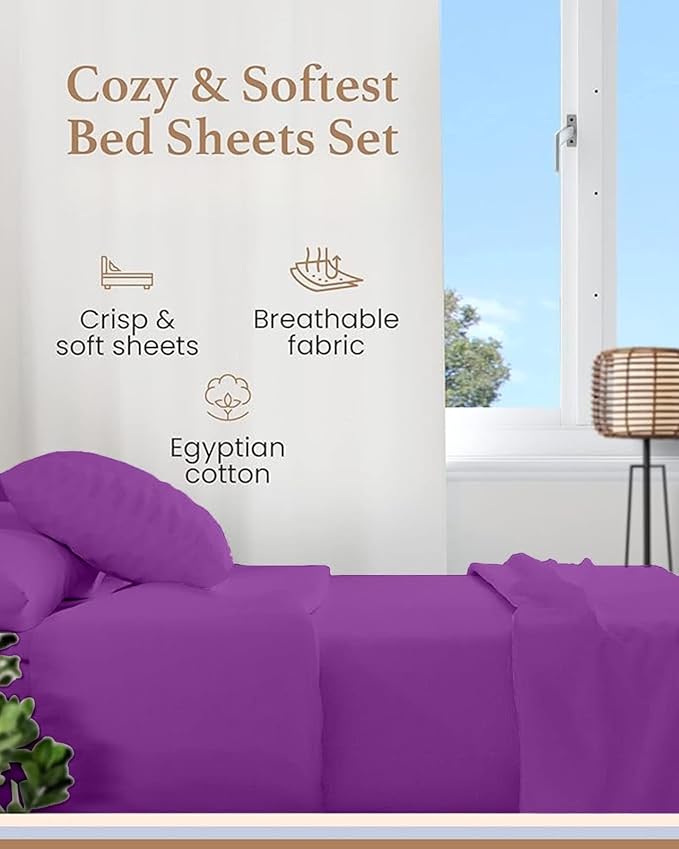 Good Sleep Bedding California King Sheet Sets, 4 Piece, 100% Egyptian Cotton Cal King Sheet Set, Sateen Weave, Ultra-Soft, 16" Deep Pocket California King Sheet Set - Purple