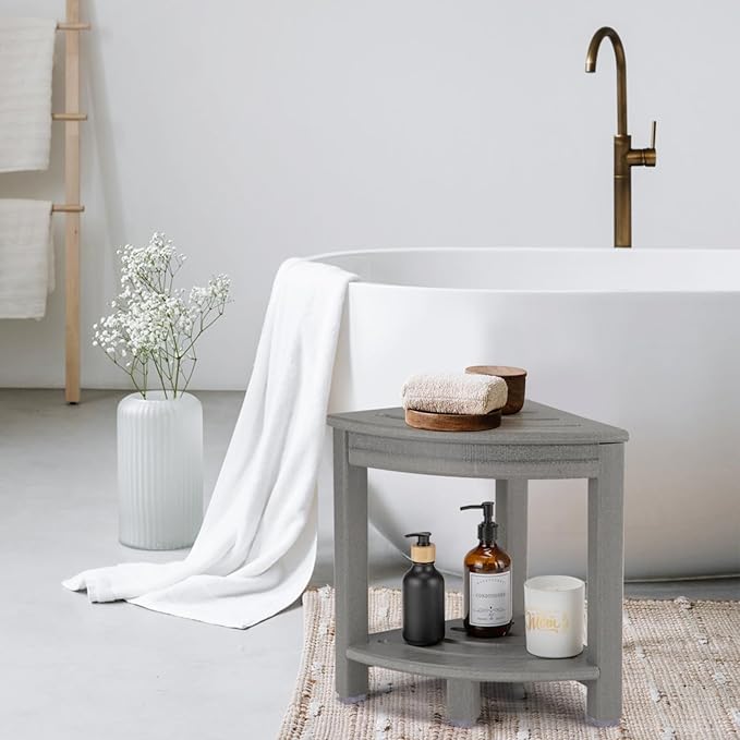 Apolimi HDPE Corner Shower Stool,Shower Bench Seat with Storage Shelf for Shaving Legs Plastic Spa Bath Step Foot Rest for Bathroom Small Place (Grey)
