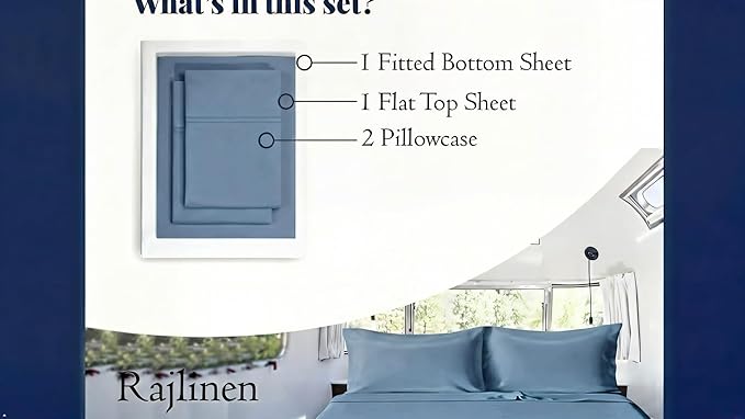 Rajlinen Short Queen RV Camper Sheet Set (60x75) – 100% Egyptian Cotton, Soft & Cooling, 16" Deep Pocket Fitted Sheet, Luxury Hotel Quality Bedding for RVs, Campers & Motorhomes (Cadet Blue)