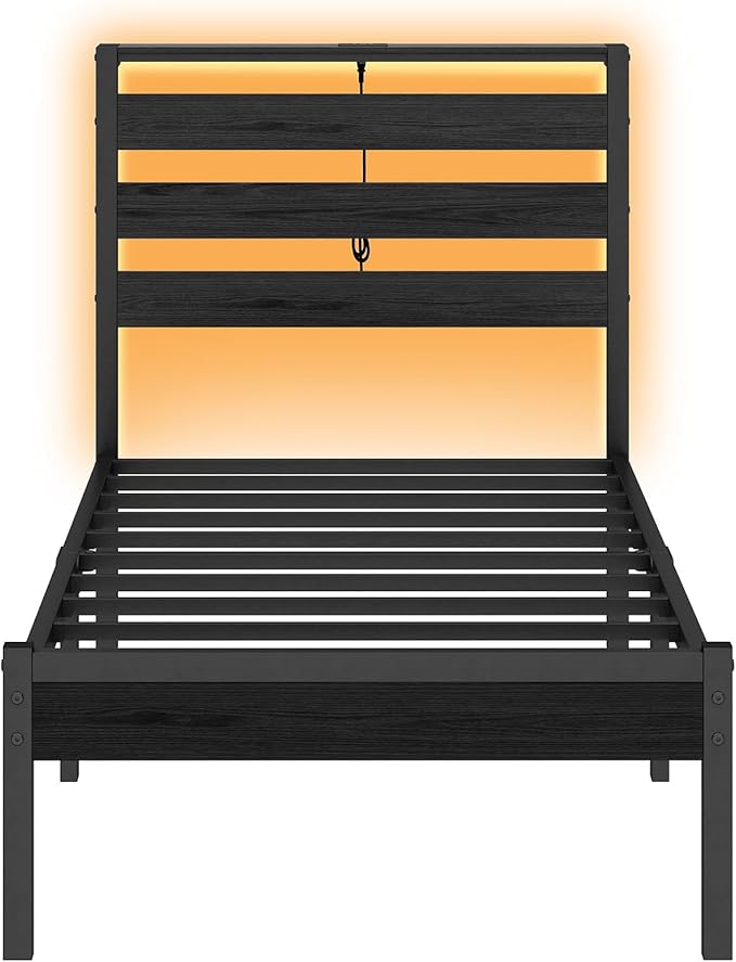 CLIBFENG Bed Frame Twin Size with USB Charging Station, LED Bed Frame with Wood Storage Headboard, Black Metal Platform Bed with Under Bed Storage, No Box Spring Needed, Noise Free