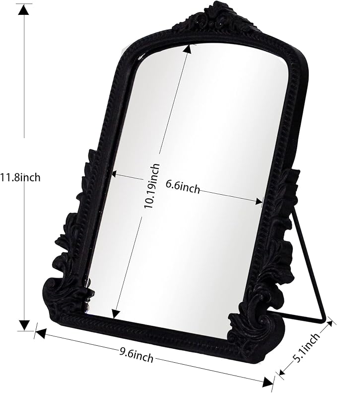 HSDDHOME Black Vintage Arched Vanity Mirror, Baroque Tabletop Makeup Mirror, Decorative Antique Mirror for Dresser, Bedroom, Living Room, 11.8" x 9.6"
