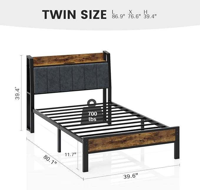 Twin Size Bed Frame with Storage Headboard and Charging Station, Smart RGB LED Lights, Metal Platform Bed with USB & Type-C Ports, Noise Free, Easy Assembly, No Box Spring Needed
