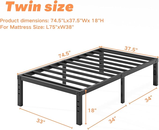 18 Inch Tall-Bed-Frame Twin Size, Heavy Duty Black Metal Bed Frames No Box-Spring Needed, Easy Assembly, Under Bed Storage, Noise Free Mattress-Foundation Support up to 1000Lbs