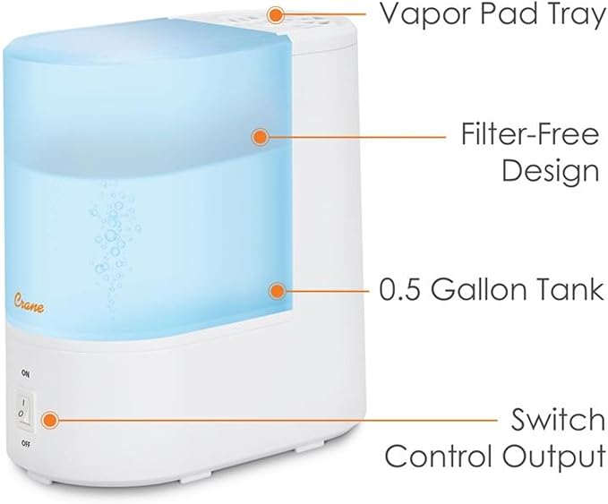 Crane Warm Mist Humidifier, Small Humidifier for Bedroom, Office, Vapor Pad Tray, Soothing Warm Mist Humidifiers For Bedroom, Relief for Dry Air, Quiet Operation, Auto Shut-Off, Desk Humidifiers