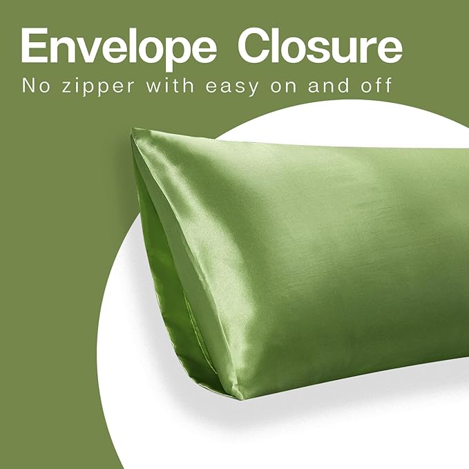 MR&HM Satin Body Pillow Cover, Soft and Breathable Body Pillow Case with Envelope Closure, Cooling and Silky Long Pillowcase for Hair and Skin,Grey (20x54, Sage)
