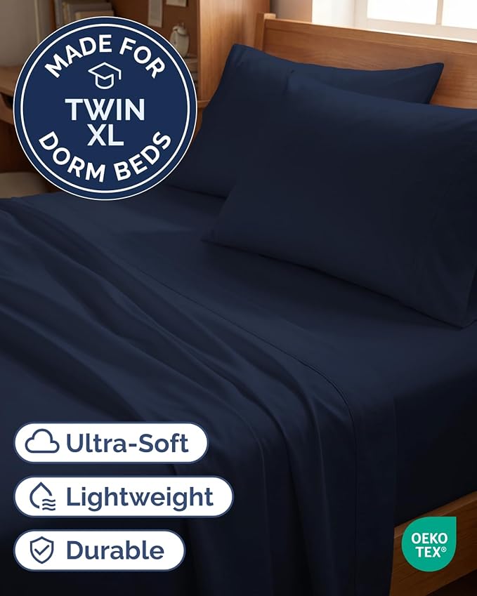 Twin XL 4 Piece Sheet Set - Comfy Breathable & Cooling - Hotel Luxury Bedding for Women, Men, Kids, Teens & Children - 1 Flat & 1 Fitted Sheet & 2 Pillowcases w/ Deep Pockets, Wrinkle Free - Navy Blue