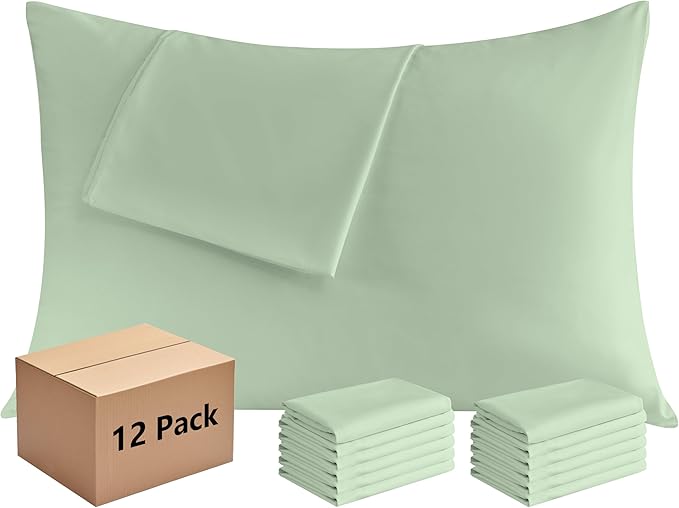 Pillowcases Queen 12 Pack, 20x30 Pillow Cases with Envelope Closure, Soft Plain Brushed Microfiber Covers Breathable Wrinkle-Resistant, Sage Green