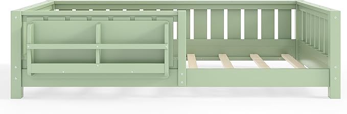 Bellemave Twin Floor Bed Frame with Fence & Bookshelf, Solid Pine Wood Twin Montessori Floor Bed with Slats Load 250LBS, Low Profile Floor Bed for Kids, Bedroom, Nursery, Easy Assembly, Green