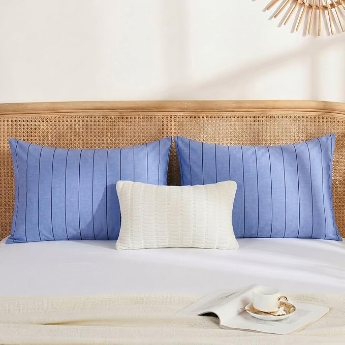Merryword Queen Size Pillowcases, 100% Cotton Pillow Cases, Denim Blue Striped Pillowcases, Luxury Linen Like Pillowcase, Soft Breathable Pinstripe Pillow Covers, Set of 2