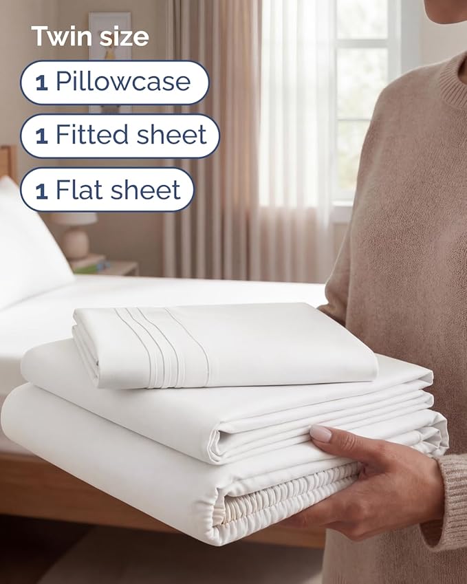 Twin Size 3 Piece Sheet Set - Comfy Breathable & Cooling Sheets - Hotel Luxury Bed Sheets for Women & Men - Deep Pocket, Easy-Fit, Extra Soft & Wrinkle Free Sheets - Antique White Oeko-Tex Bed Sheets