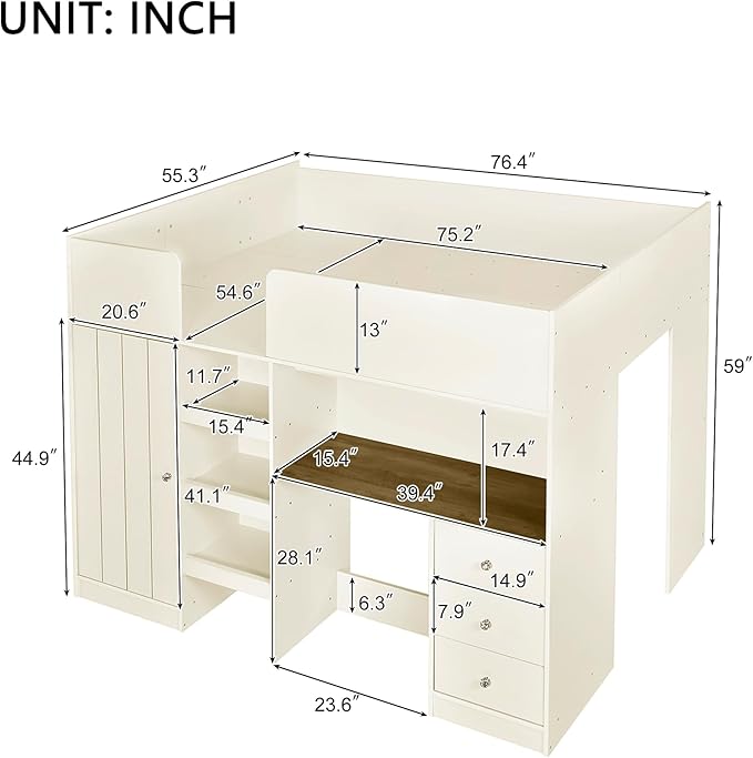 Harper & Bright Designs Full Size Loft Bed with Desk, Wood Full Loft Bed Frame with Built-in Wardrobe, Storage Shelves and Drawers, Beige