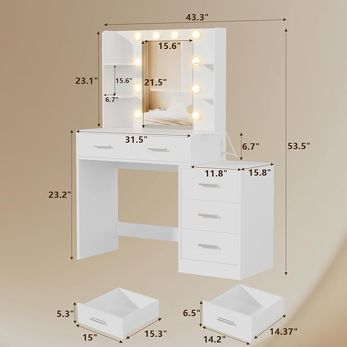 Furmax Makeup Vanity Desk with Mirror and Power Outlet, Vanity with 3 Color Light Options Adjustable Brightness, Vanity Table with 5 Drawers, 6 Storage Shelves, Nightstands (White)