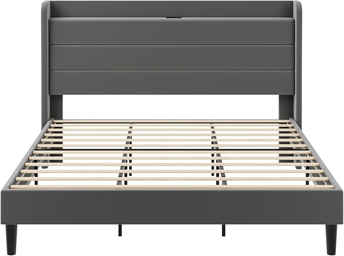 SHA CERLIN King Size Bed Frame with Charging Station, Velvet Upholstered Platform Bed, Wingback Storage Headboard, Type-C & USB Ports, Strong Wooden Slats, No Box Spring Needed, Easy Assembly, Grey