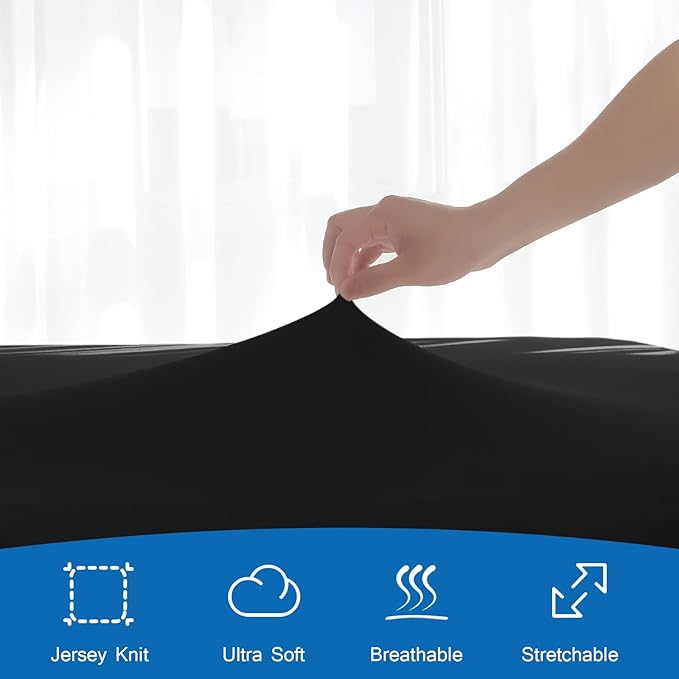 Twin Fitted Sheet Only, Twin Size Sheets for Kids Up to 14 Inches Deep Procket, Single Bed Mattress Sheets Stretchable Breathable Cover, Black