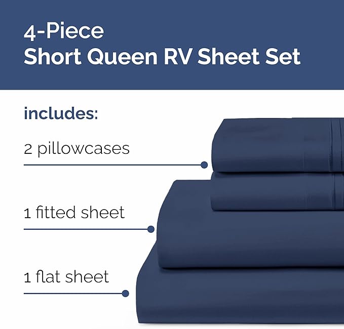 Short Queen Size 4 Piece Sheet Set - RV Short Queen, Soft, Breathable & Cooling Bed Sheets Set with Deep Pockets - Hotel Luxury Bedding for Women & Men - Wrinkle Free and Fade Resistant - Navy Blue