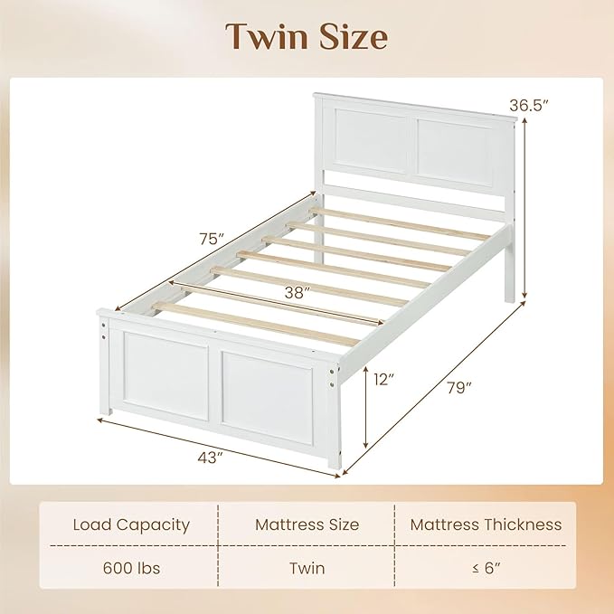 Giantex Wood Twin Bed Frames with Headboard, Farmhouse Solid Platform Bed w/Wooden Slat Support Mattress Foundation, Under-Bed Storage, No Box Spring Needed, White