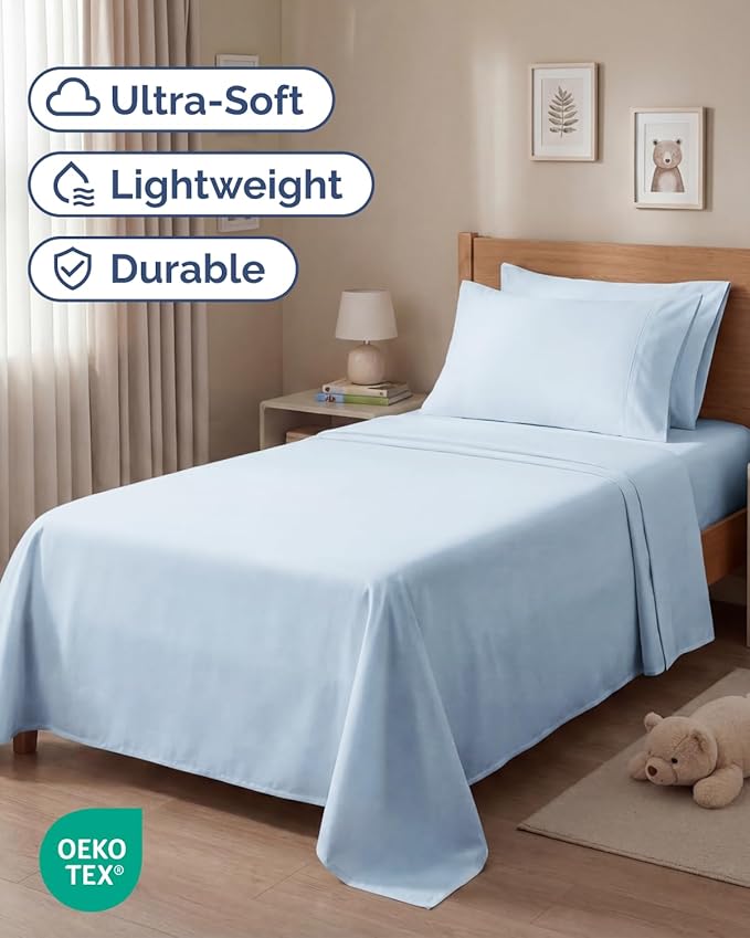 Twin 4 Piece Sheet Set - Comfy, Breathable & Cooling - Hotel Luxury Bedding for Women, Men, Kids, Teens and Children - 1 Flat & 1 Fitted Sheet & 2 Pillowcases w/ Deep Pockets - Wrinkle Free - Sky Blue
