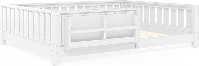 Bellemave Full Size Kids Montessori Bed with Bookshelf,Solid Wood Full Floor Bed Frame with Fence and Slats for Girls Boys,Low-Profile,White