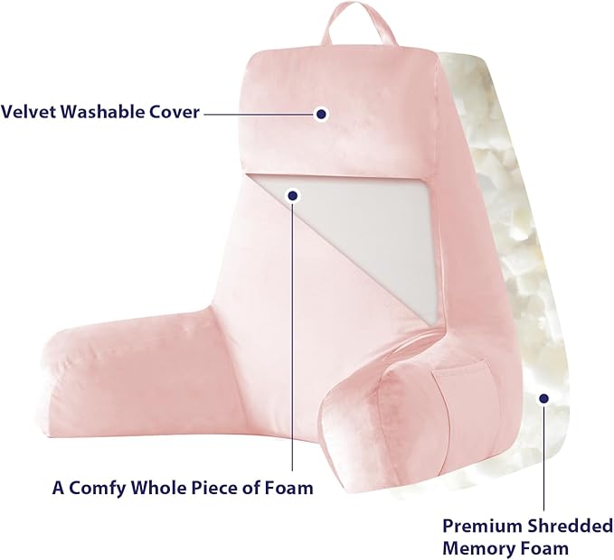 IPYNBAP Back Pillow for Bed Sitting up, Reading Pillow for Sitting in Bed Adult, Back Support Pillow, Memory Foam Sit up Lounge Backrest Pillow with Arms for TV, Couch, Chair, Dorm, 24 Inch, Pink