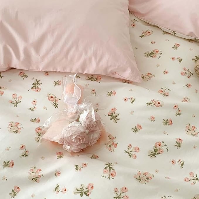 Nayoroom Pink Floral Duvet Cover Queen Size Reversible Green Botanical Leaf Printed on White Spring Comforter Cover 3Pcs Soft Microfiber Aesthetic Cottagecore Bedding Set Gift for Women Girls
