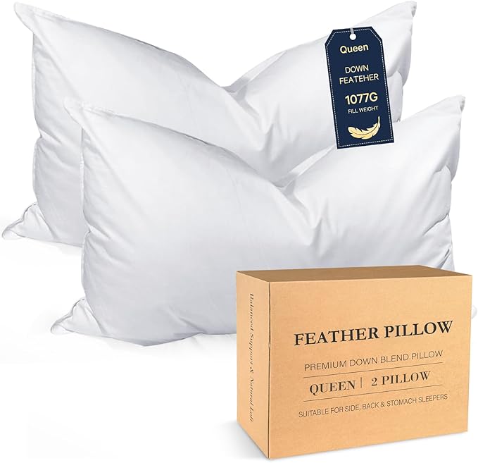 BHZ Goose Down Feather Pillows Queen Size Set of 2, Hotel Collection Bed Pillows for Sleeping Medium Firm Soft Support Pillow for Side and Back Sleepers