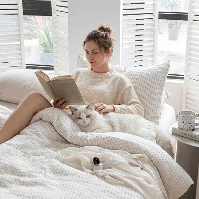 Simple&Opulence 100% Linen Striped Duvet Cover Queen 3pcs, Yarn Dyed Vertical Pinstripe Ticking Pattern Natural French Washed Flax Breathable Farmhouse Bedding - Grey Stripe