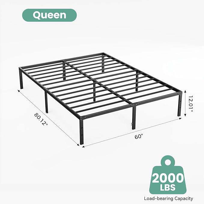 Sweetcrispy Queen Size 12 Inch Platform Bed Frame, Heavy Duty Metal Foundation Frame, Noise-Free Sturdy Steel Slats, Underbed Storage, No Box Spring Needed, Quick Setup