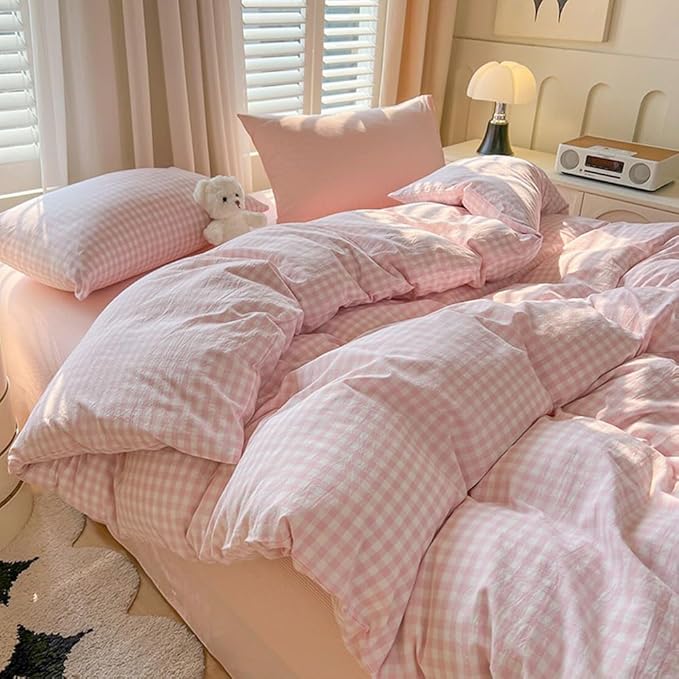 Nayoroom Gingham Duvet Cover Queen Size Pink White Plaid Checkered Comforter Cover 3 Pcs Soft Breathable Washed Microfiber Grid Farmhouse Bedding Set with Pillow Shams