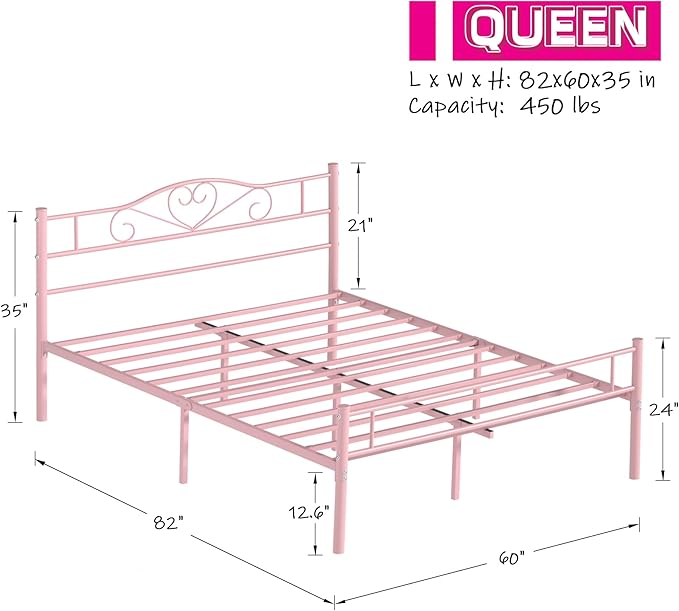 VECELO 14 Inch Queen Size Metal Platform Bed Frame with Headboard and Footboard, Heavy Duty Mattress Foundation with Steel Slats Support, No Box Spring Needed, Pink