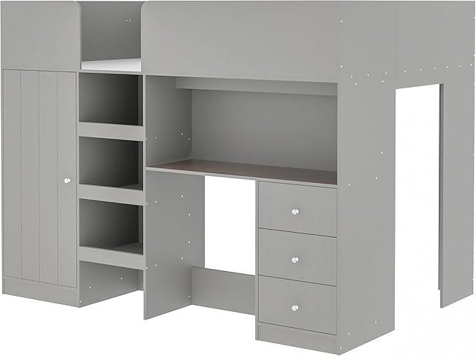 Harper & Bright Designs Full Size Loft Bed with Desk, Wood Full Loft Bed Frame with Built-in Wardrobe, Storage Shelves and Drawers, Gray