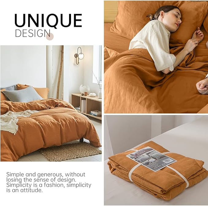 Simple&Opulence 100% Linen Duvet Cover Set 2pcs Basic Style Natural French Washed Flax Solid Color Soft Breathable Farmhouse Bedding with Button Closure - Rust, Twin