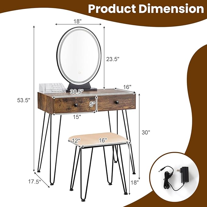 COSTWAY Vanity Desk with Mirror and Lights, Makeup Dressing Table Set w/ 3 Color Lighting Modes & Adjustable Brightness, Vanity Mirror with Desk and Stool for Bedroom Small Spaces (Rustic Brown)