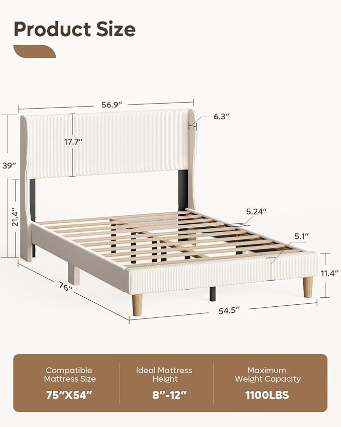 Bestier Full Bed Frame with Wingback Headboard,Upholstered Platform Full Size Bed with Strong Wooden Slats,No Box Spring Needed,Never Squeaks,Easy Assembly,Beige